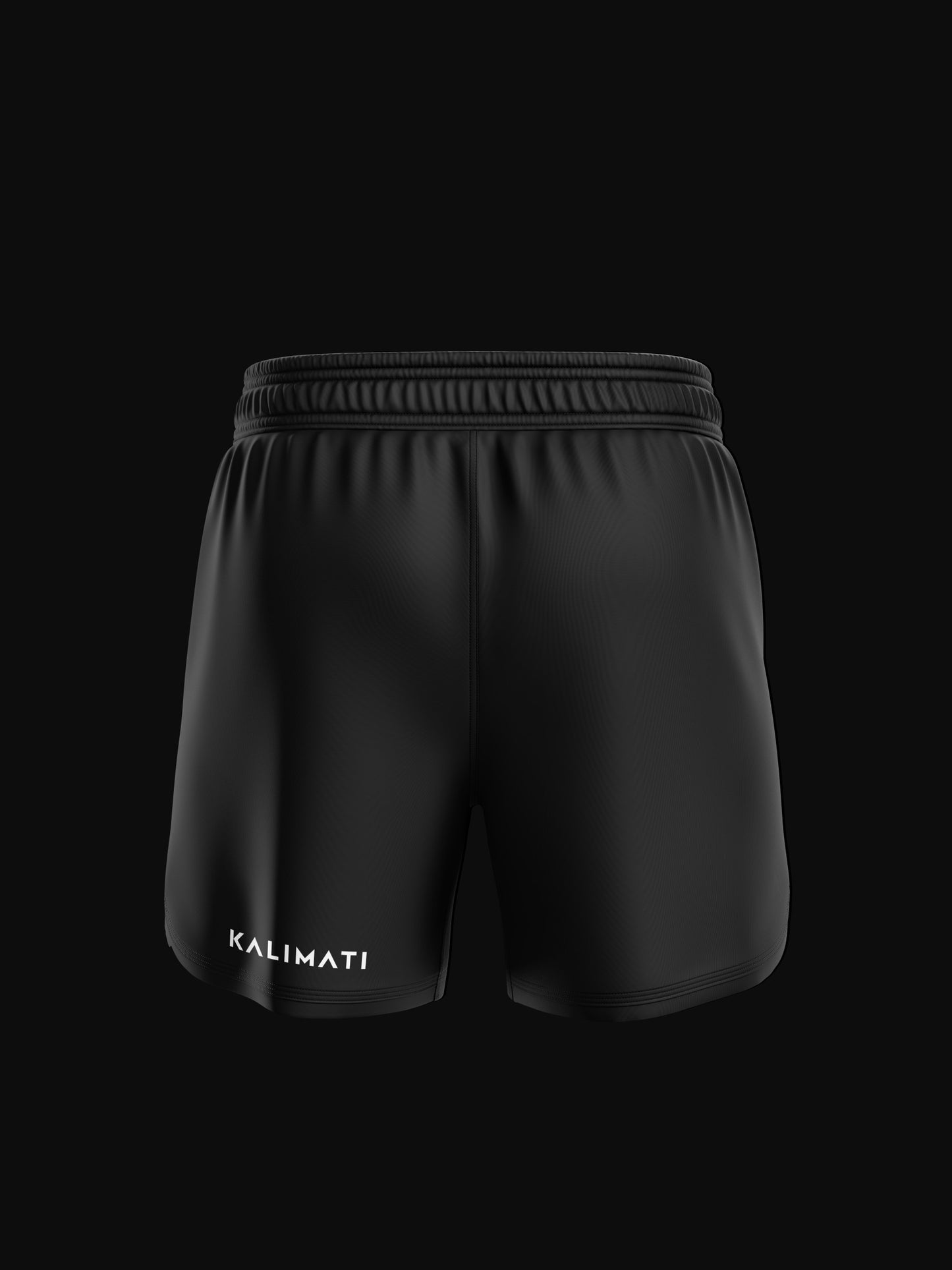Black grappling and fight shorts for mixed martial arts (MMA), jiu-jitsu (Gi or No-Gi), and other combat sports. Comfortable, high-quality, and durable design, featuring arabic brand on the front. Made by athletes, for athletes. Professional design and materials. Back side view.