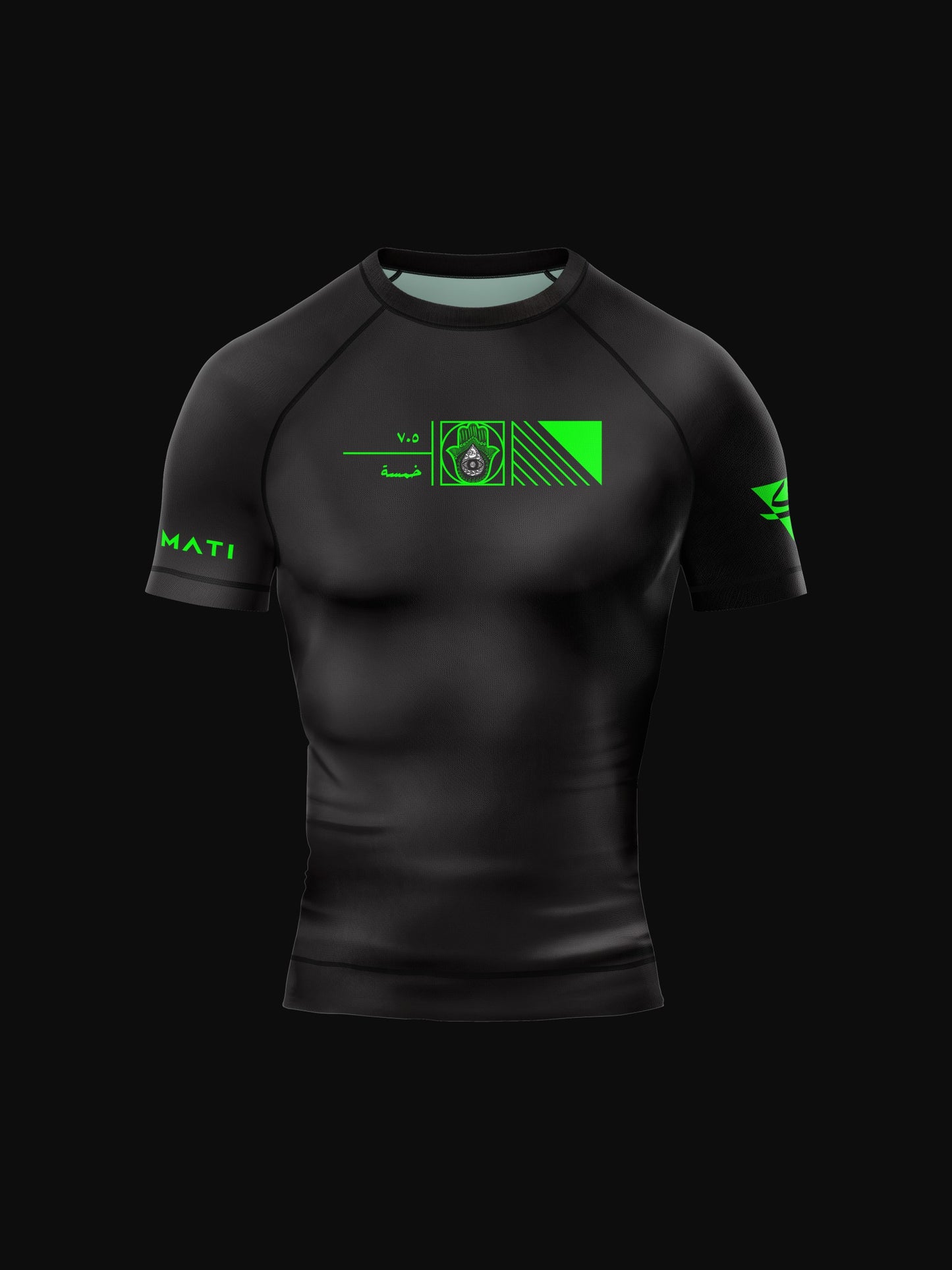 Black rashguard with arabic design, used for jiu-jitsu and other martial arts (e.g. MMA). This product features an exclusive print about khamsa, also known as hamsa, or the hand of Fatima. It is a popular amulet in Middle Eastern and North African culture, and is intended to protect against evil and envy. This art piece and pattern uses beautiful arabic letters and calligraphy to form its attractive shape. It also shows the brand logo and name on the sleeves. Frontside view. Yellow and white print color.