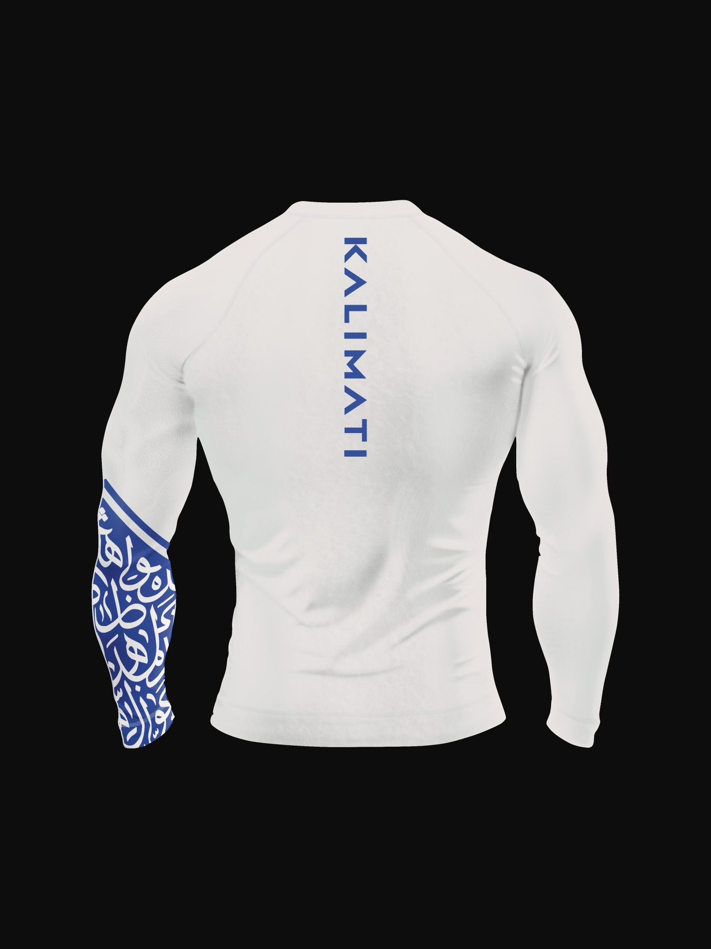 White longsleeve rashguard with arabic print, used for jiu-jitsu and other martial arts (e.g. MMA). This product features a beautiful, unique arabic calligraphy print on its left sleeve, emphasizing energy and flow. Also contains brand name KALIMATI along the back. Backside view. Blue print color.