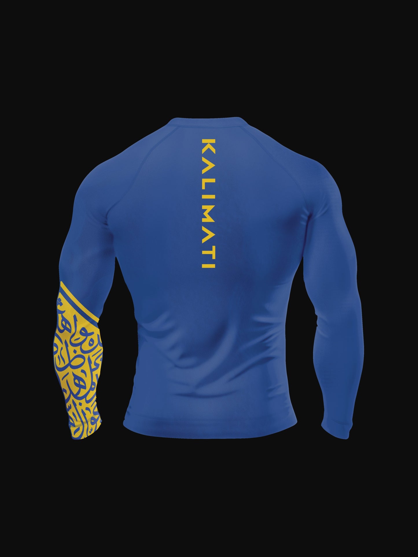 Blue and yellow longsleeve rashguard with arabic print, used for jiu-jitsu and other martial arts (e.g. MMA). This product features a beautiful, unique arabic calligraphy print on its left sleeve, emphasizing energy and flow. Also contains brand name KALIMATI along the back. Backside view. Blue and yellow print color.