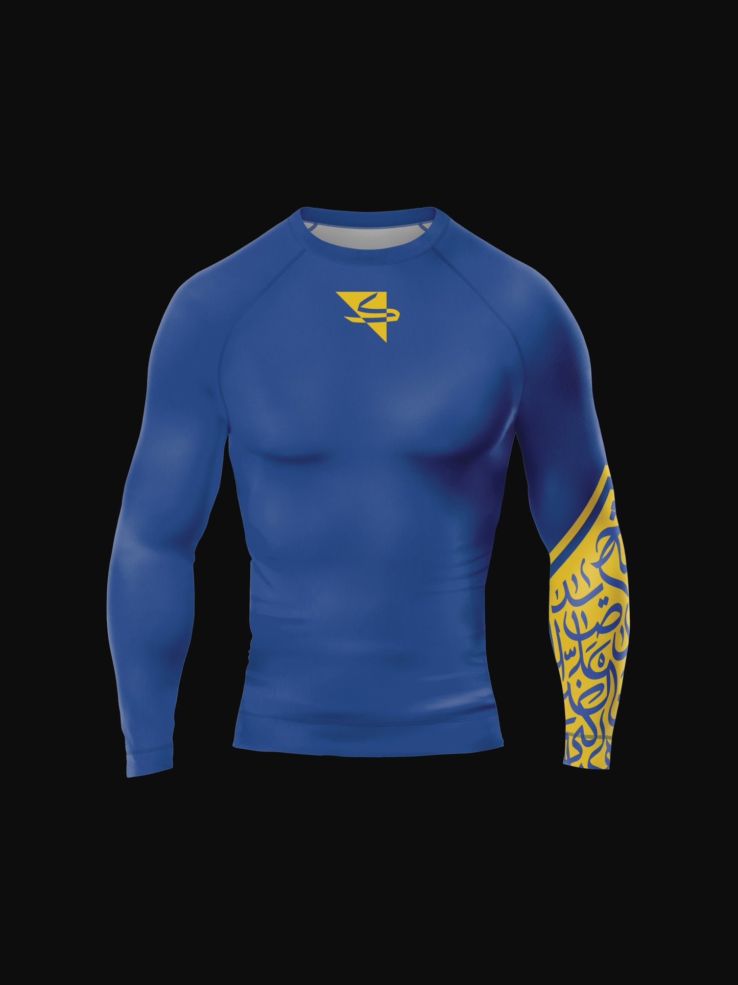 Blue and yellow longsleeve rashguard with arabic print, used for jiu-jitsu and other martial arts (e.g. MMA). This product features a beautiful, unique arabic calligraphy print on its left sleeve, emphasizing energy and flow. Also includes KALIMATI triangle brand logo on chest. Frontside view. Blue and yellow print color.