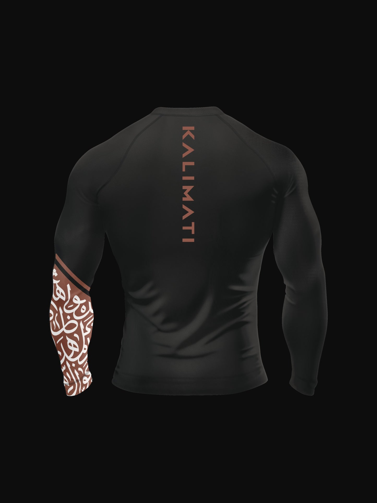 Black longsleeve rashguard with arabic print, used for jiu-jitsu and other martial arts (e.g. MMA). This product features a beautiful, unique arabic calligraphy print on its left sleeve, emphasizing energy and flow. Also contains brand name KALIMATI along the back. Backside view. Brown and white print color.