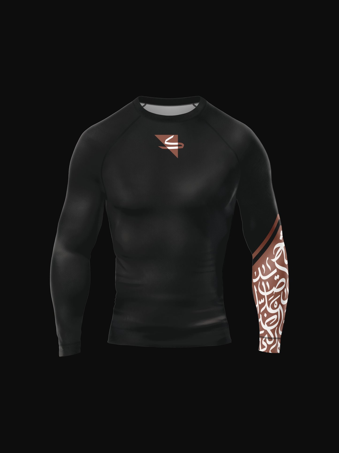 Black longsleeve rashguard with arabic print, used for jiu-jitsu and other martial arts (e.g. MMA). This product features a beautiful, unique arabic calligraphy print on its left sleeve, emphasizing energy and flow. Also includes KALIMATI triangle brand logo on chest. Frontside view. Brown and white print color.