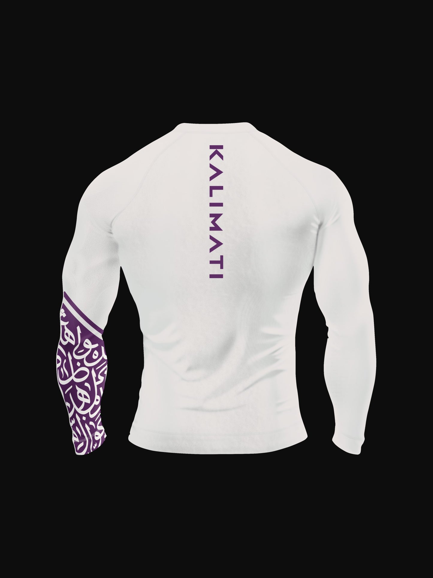 White longsleeve rashguard with arabic print, used for jiu-jitsu and other martial arts (e.g. MMA). This product features a beautiful, unique arabic calligraphy print on its left sleeve, emphasizing energy and flow. Also contains brand name KALIMATI along the back. Backside view. Purple print color.