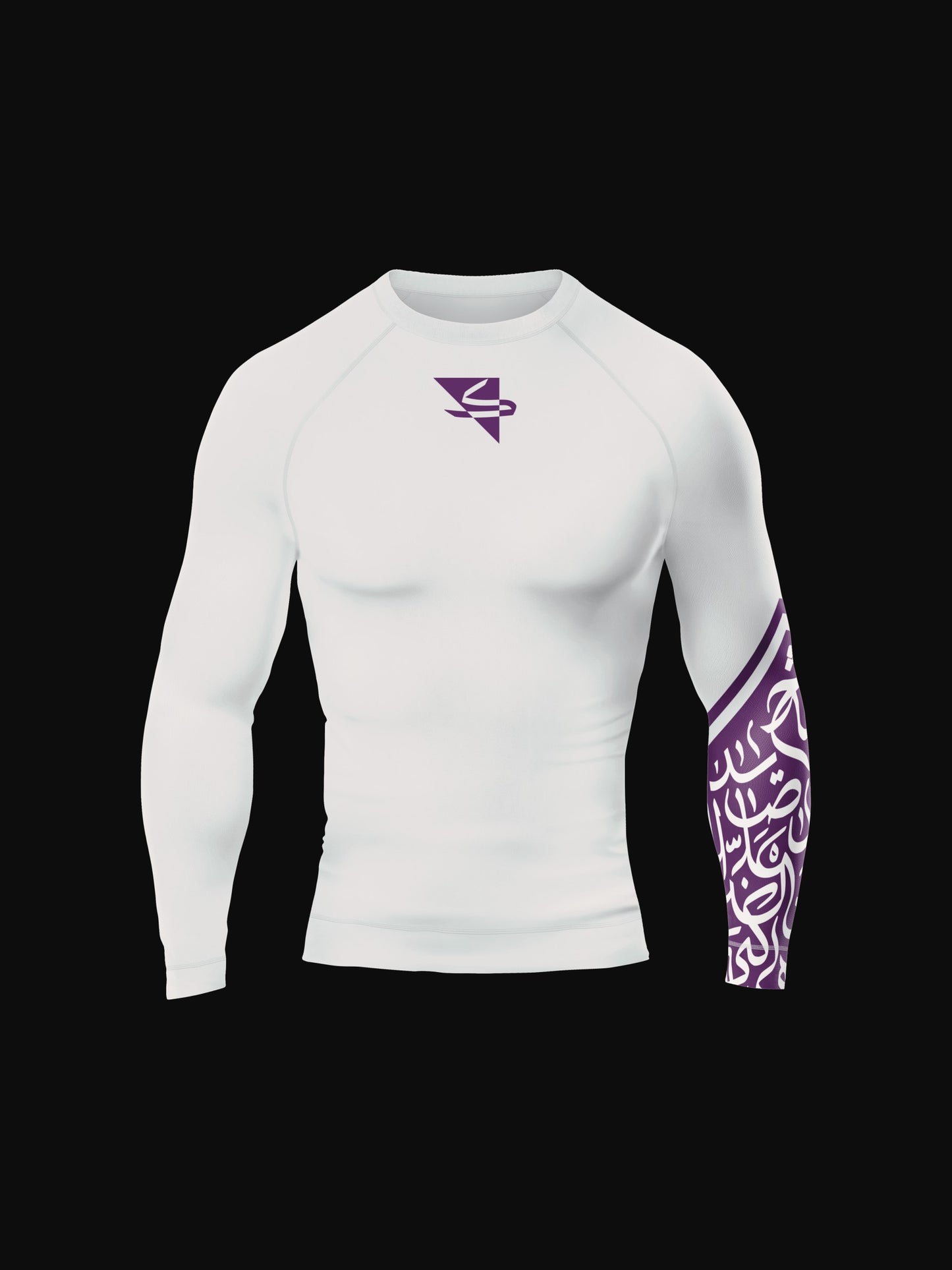 White longsleeve rashguard with arabic print, used for jiu-jitsu and other martial arts (e.g. MMA). This product features a beautiful, unique arabic calligraphy print on its left sleeve, emphasizing energy and flow. Also includes KALIMATI triangle brand logo on chest. Frontside view. Purple print color.