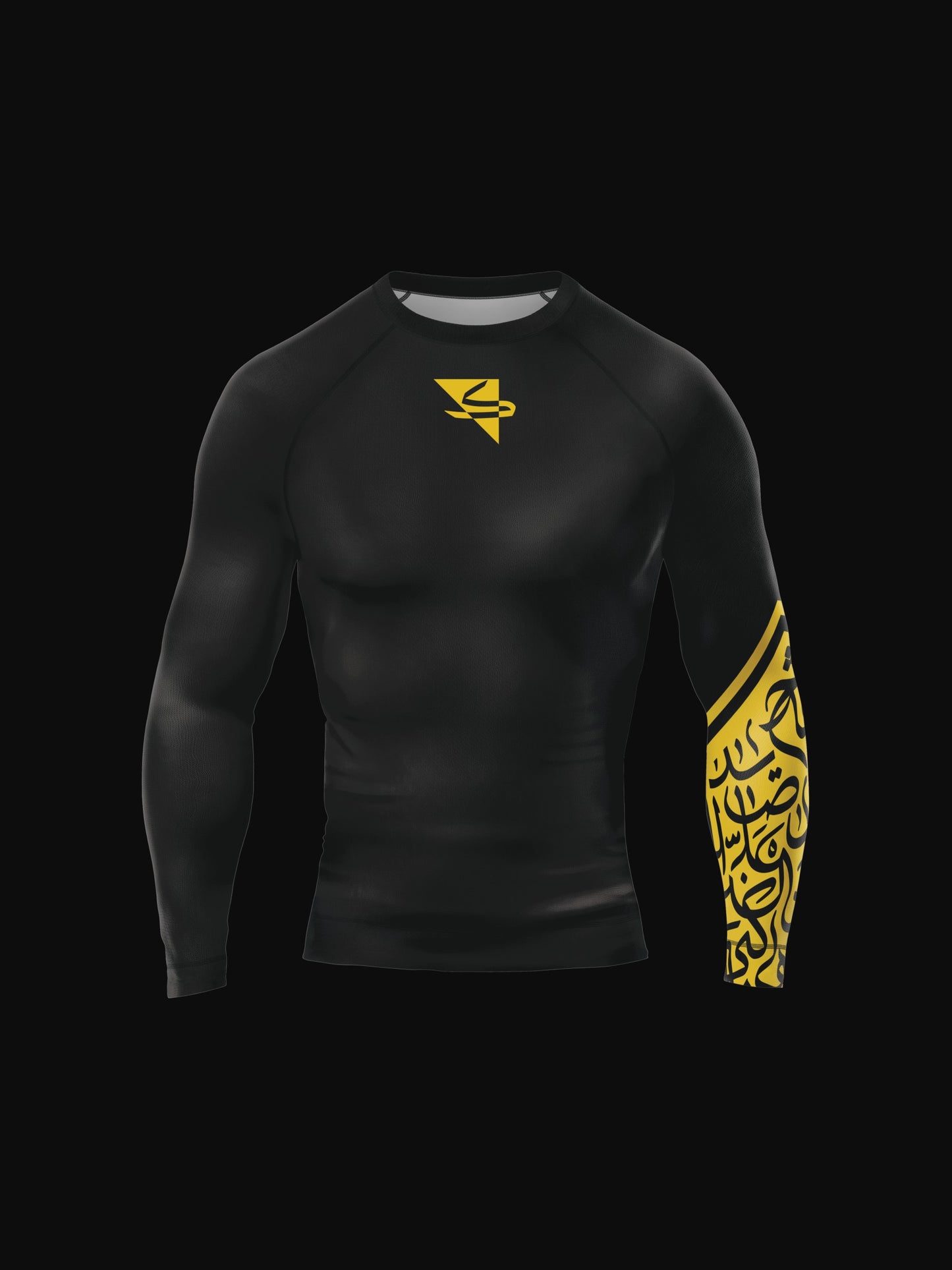 Black longsleeve rashguard with arabic print, used for jiu-jitsu and other martial arts (e.g. MMA). This product features a beautiful, unique arabic calligraphy print on its left sleeve, emphasizing energy and flow. Also includes KALIMATI triangle brand logo on chest. Frontside view. Yellow print color.