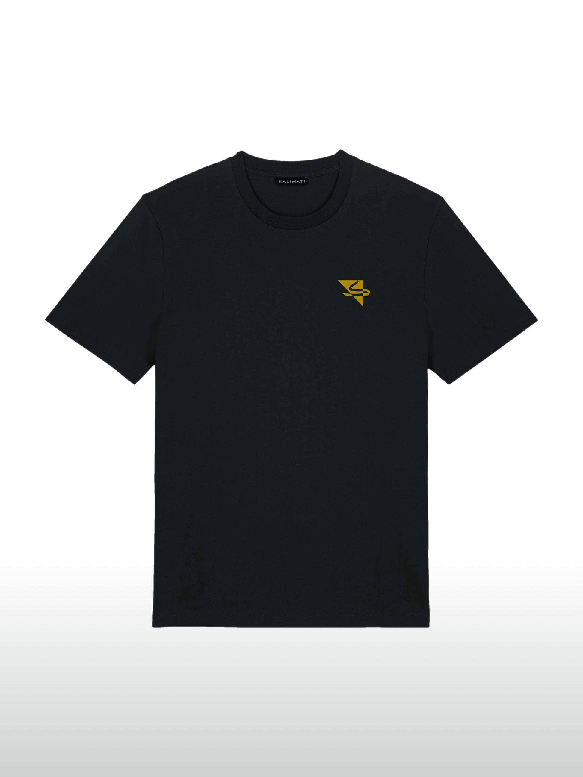 A cool and creative over-sized t-shirt for streetwear and everyday lifestyle clothing. It features a simple beautiful logo, which is geometric in design and that has an arabic letter within it.  Black t-shirt. Frontside view. Black and yellow print color.