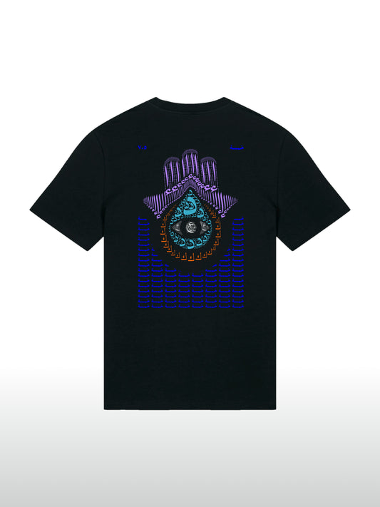 A cool and creative over-sized t-shirt for streetwear and everyday lifestyle clothing. This product features an exclusive print about khamsa, also known as hamsa, or the hand of Fatima. It is a popular amulet in Middle Eastern and North African culture, and is intended to protect against evil and envy. This art piece and pattern uses beautiful arabic letters and calligraphy to form its attractive shape. Black t-shirt. Backside view. Black and blue print color.