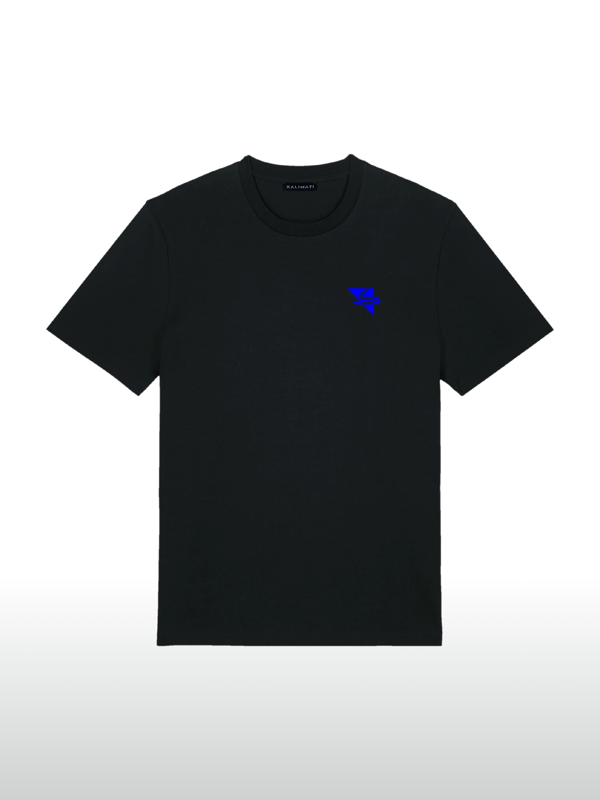 A cool and creative over-sized t-shirt for streetwear and everyday lifestyle clothing. It features a simple beautiful logo, which is geometric in design and that has an arabic letter within it.  Black t-shirt. Frontside view. Black and blue print color.
