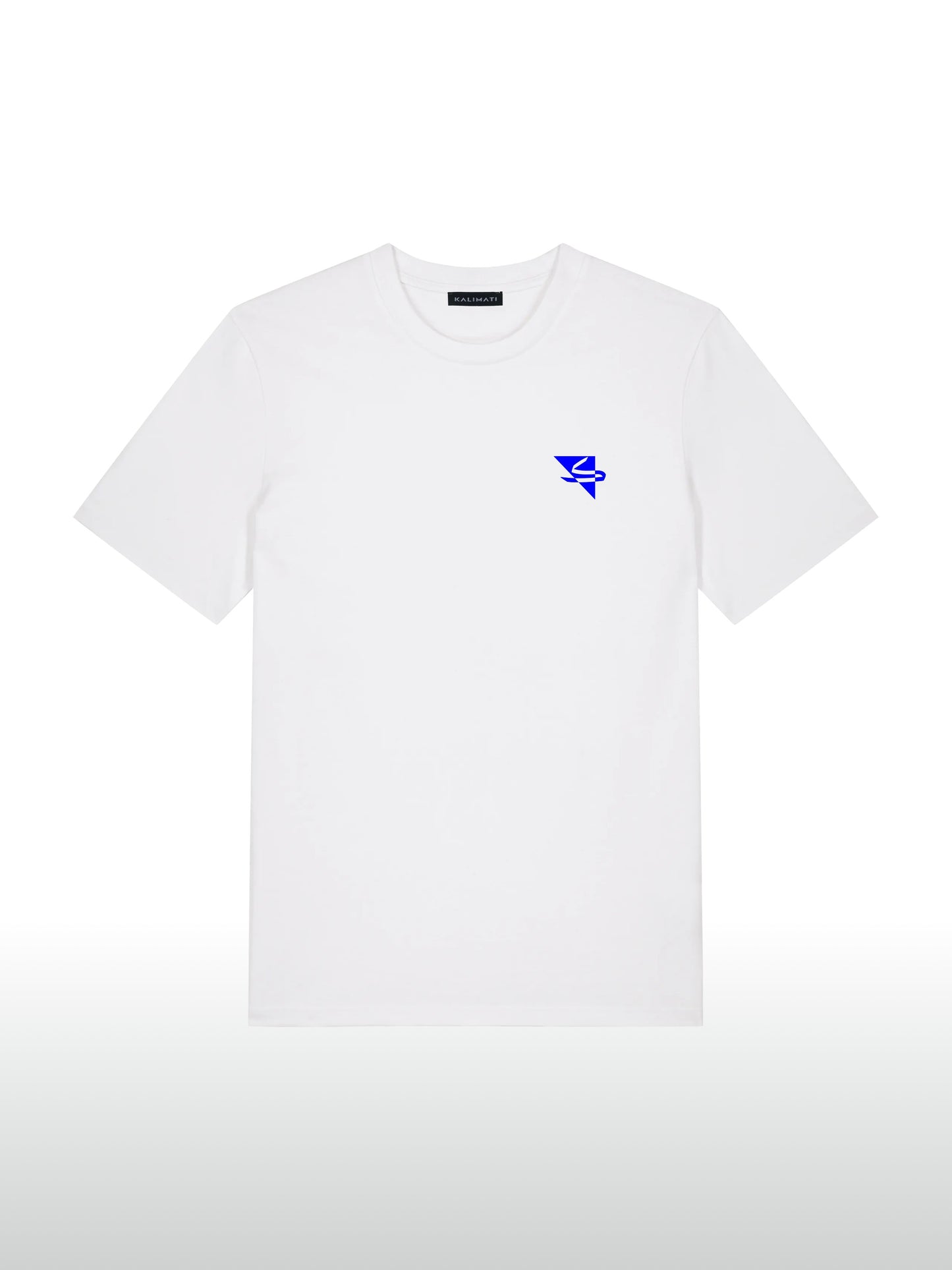 A cool and creative over-sized t-shirt for streetwear and everyday lifestyle clothing. It features a simple beautiful logo, which is geometric in design and that has an arabic letter within it.  White t-shirt. Frontside view. Blue print color.