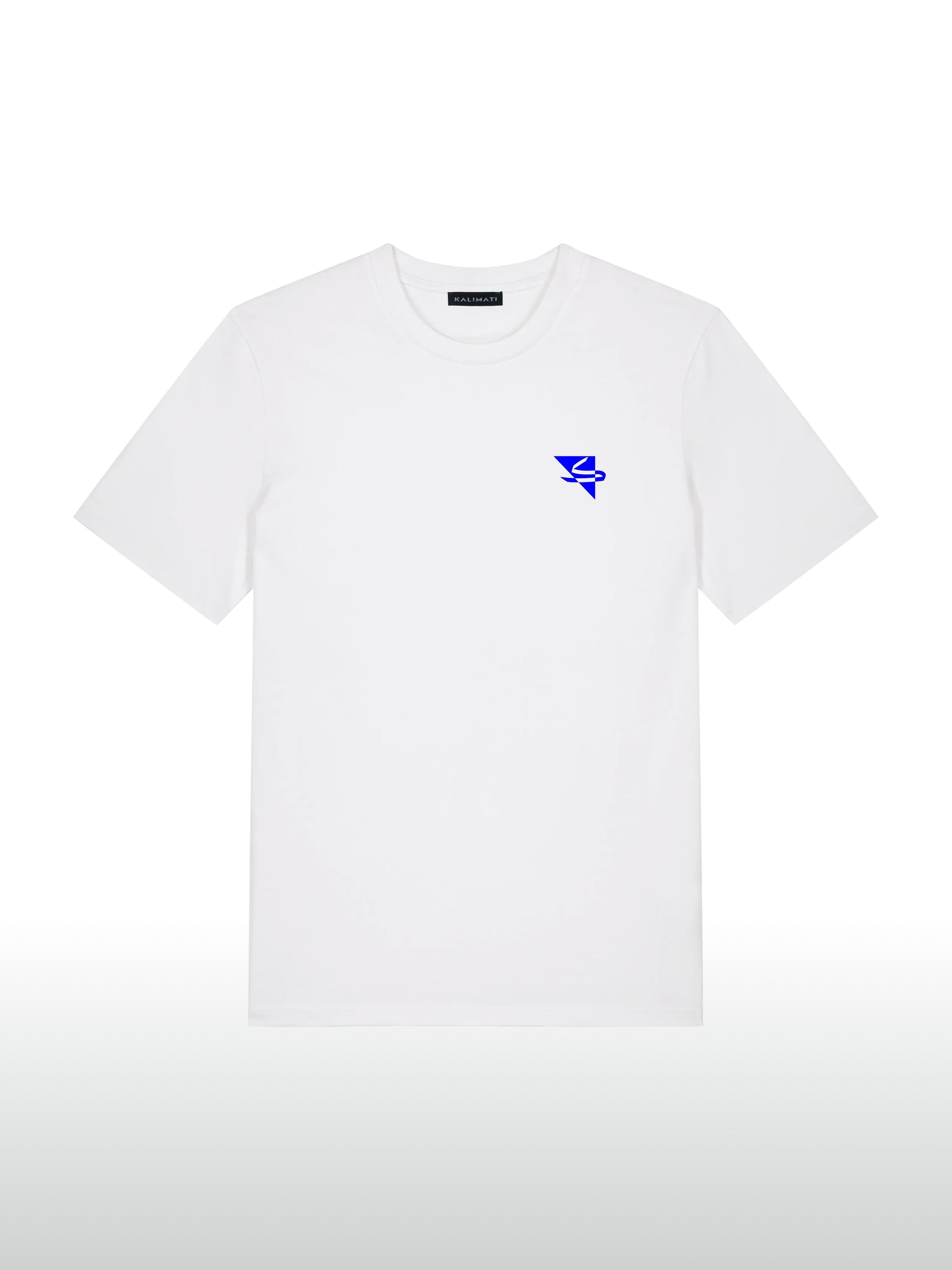 A cool and creative over-sized t-shirt for streetwear and everyday lifestyle clothing. It features a simple beautiful logo, which is geometric in design and that has an arabic letter within it.  White t-shirt. Frontside view. Blue print color.