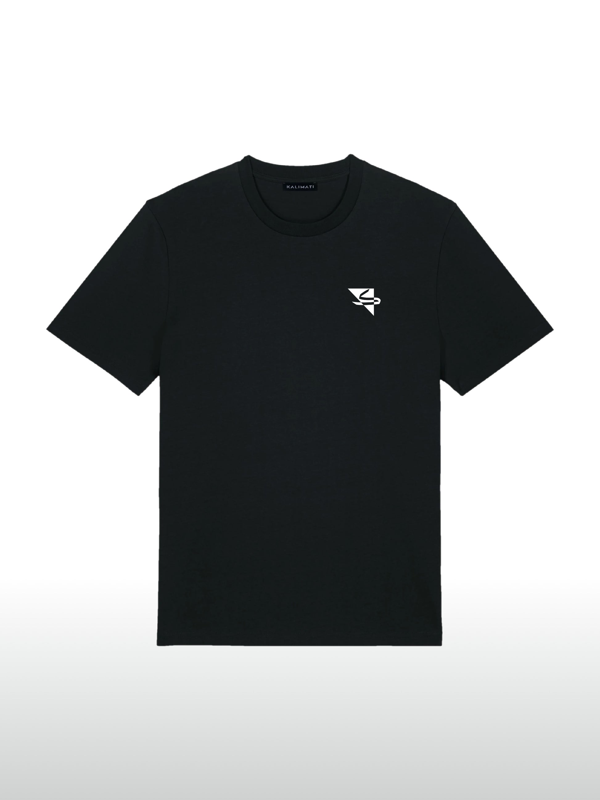 A cool and creative over-sized t-shirt for streetwear and everyday lifestyle clothing. It features a simple beautiful logo, which is geometric in design and that has an arabic letter within it.  Black t-shirt. Frontside view. Black and white print color.