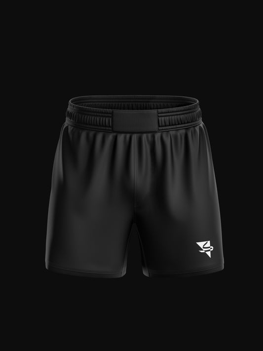 Black grappling and fight shorts for mixed martial arts (MMA), jiu-jitsu (Gi or No-Gi), and other combat sports. Comfortable, high-quality, and durable design, featuring arabic brand on the front. Made by athletes, for athletes. Professional design and materials. Front side view.