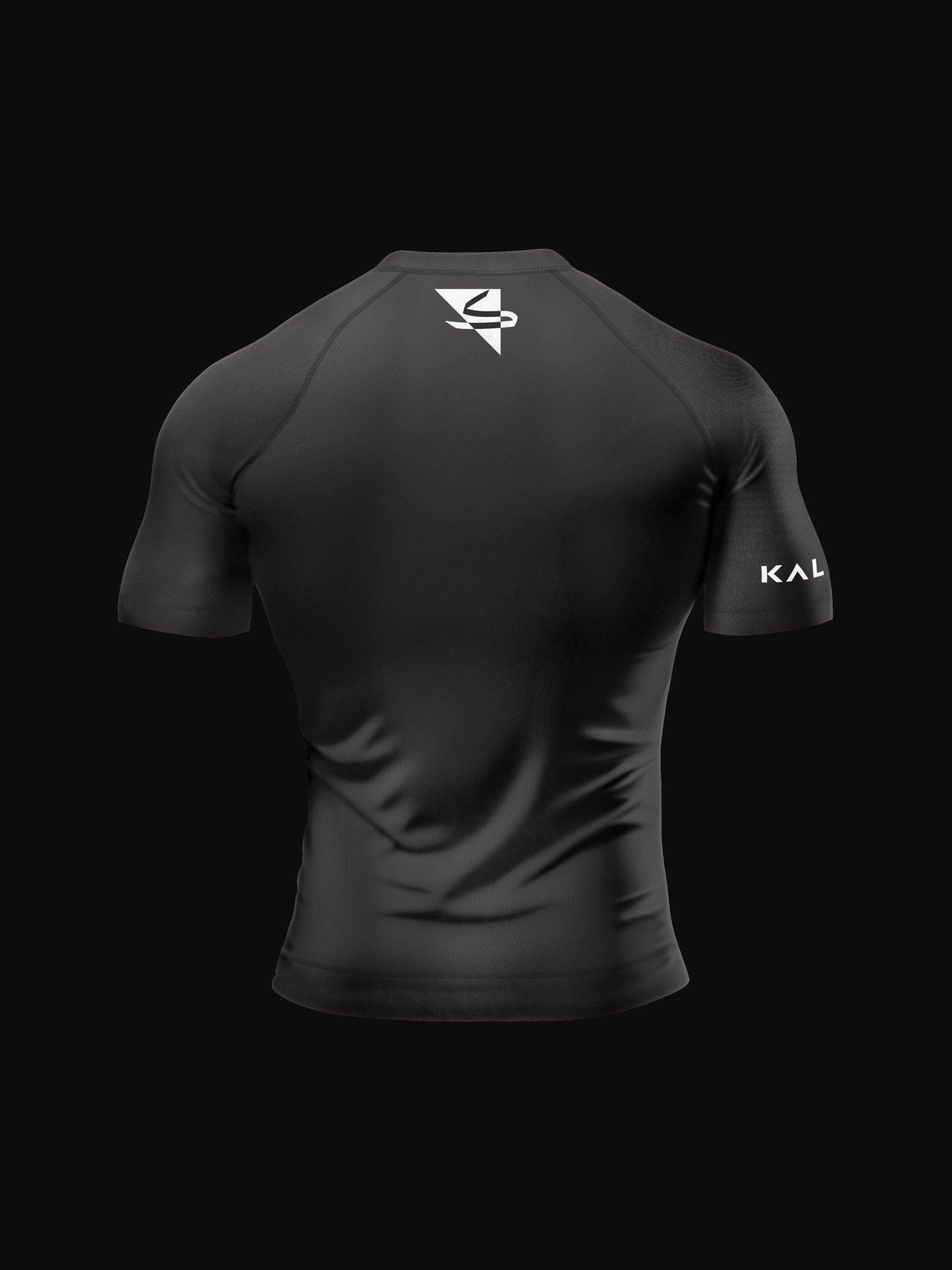 Black rashguard with arabic logo used for training jiu-jitsu and other martial arts (e.g. MMA). Backside view. Black and white print color.