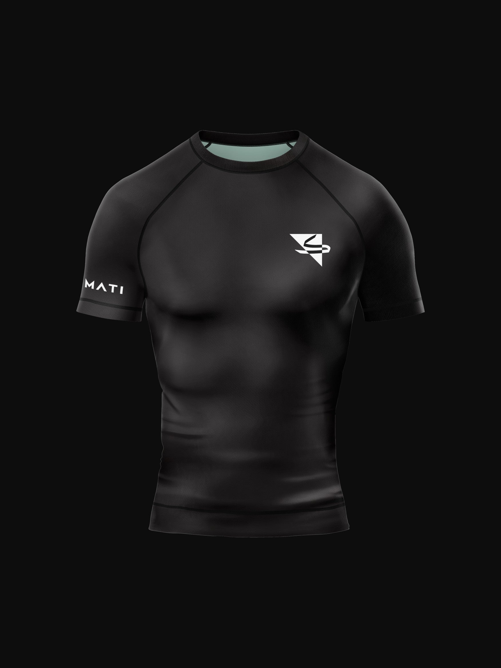 Black rashguard with arabic logo used for training jiu-jitsu and other martial arts (e.g. MMA). Frontside view. Features the brand name on its sleeve. Black and white print color.