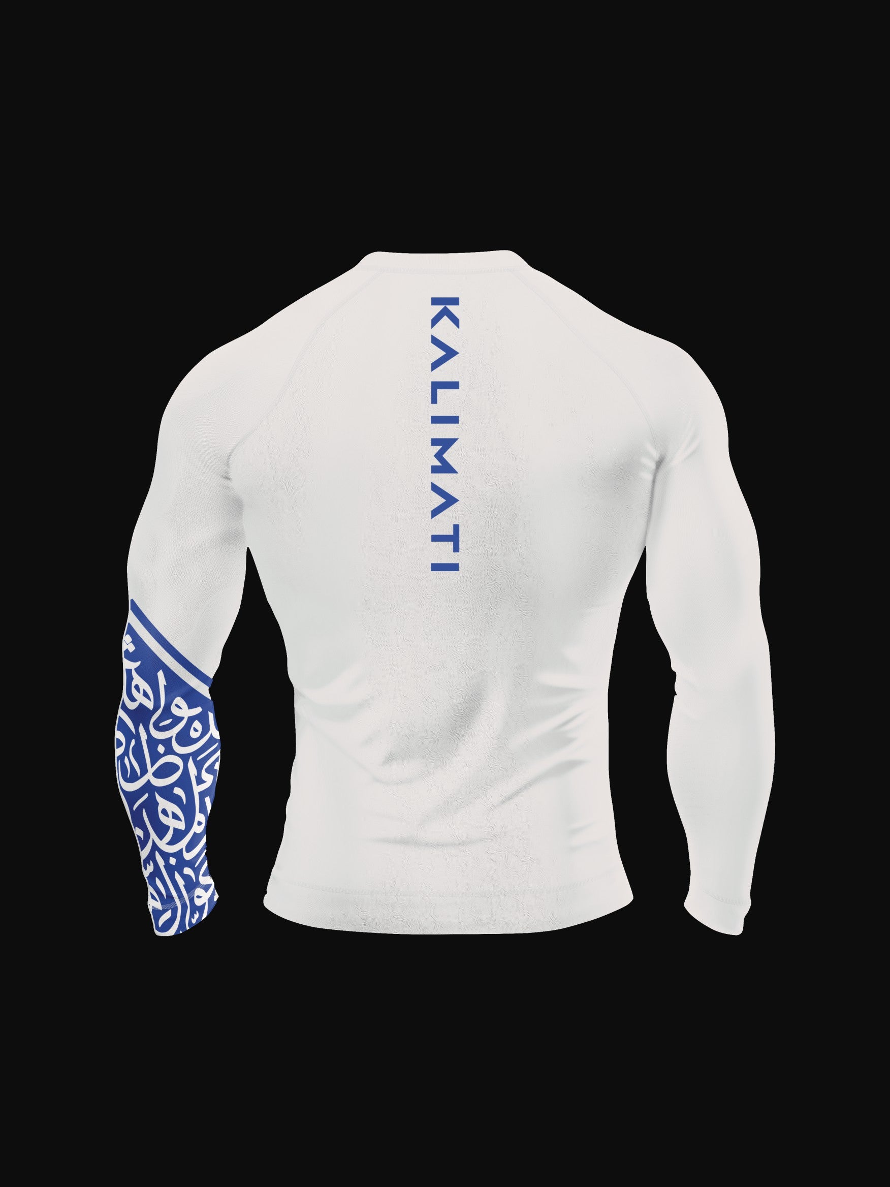White longsleeve rashguard with arabic print, used for jiu-jitsu and other martial arts (e.g. MMA). This product features a beautiful, unique arabic calligraphy print on its left sleeve, emphasizing energy and flow.  Also contains brand name KALIMATI along the back. Backside view. Blue print color.